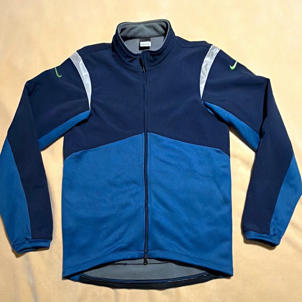 VTG Nike Men's Cycling Jacket L Blue/Navy Colorblock Full Zip Reflective Fleece